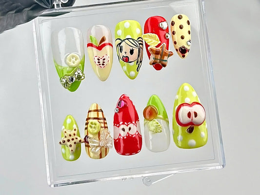 Juicy Fruit Delight Press On Nails | Fruity Fun Acrylic Nails | Watermelon, Strawberry & Apple Designs Press On | Summer Nail Art | HB644YC