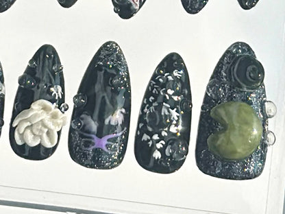 Mystical Midnight Garden Press On Nails | Crystals & Gemstones Fake nails| Dark Floral Fantasy Nail Art | Black Elegance Nails | HB638YC