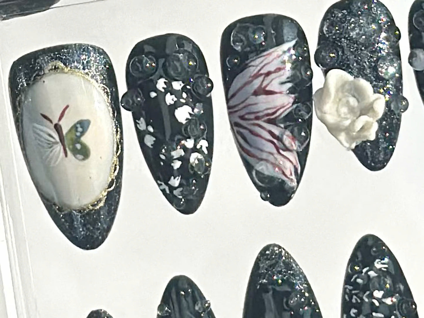 Mystical Midnight Garden Press On Nails | Crystals & Gemstones Fake nails| Dark Floral Fantasy Nail Art | Black Elegance Nails | HB638YC