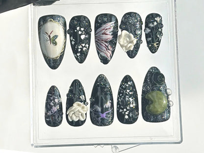 Mystical Midnight Garden Press On Nails | Crystals & Gemstones Fake nails| Dark Floral Fantasy Nail Art | Black Elegance Nails | HB638YC