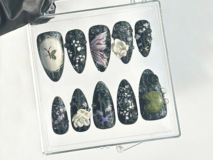 Mystical Midnight Garden Press On Nails | Crystals & Gemstones Fake nails| Dark Floral Fantasy Nail Art | Black Elegance Nails | HB638YC