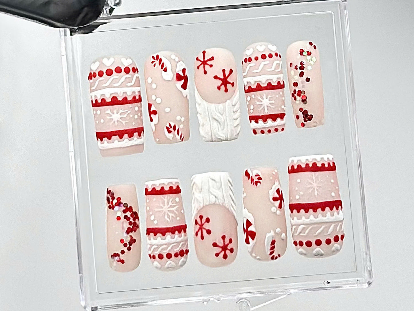 Matte Christmas Press On Nails | Handmade Winter Holiday Fake Nails | Candy Cane & Snowflake Nail Polish | Cozy Sweater Style Nails | HC669Y