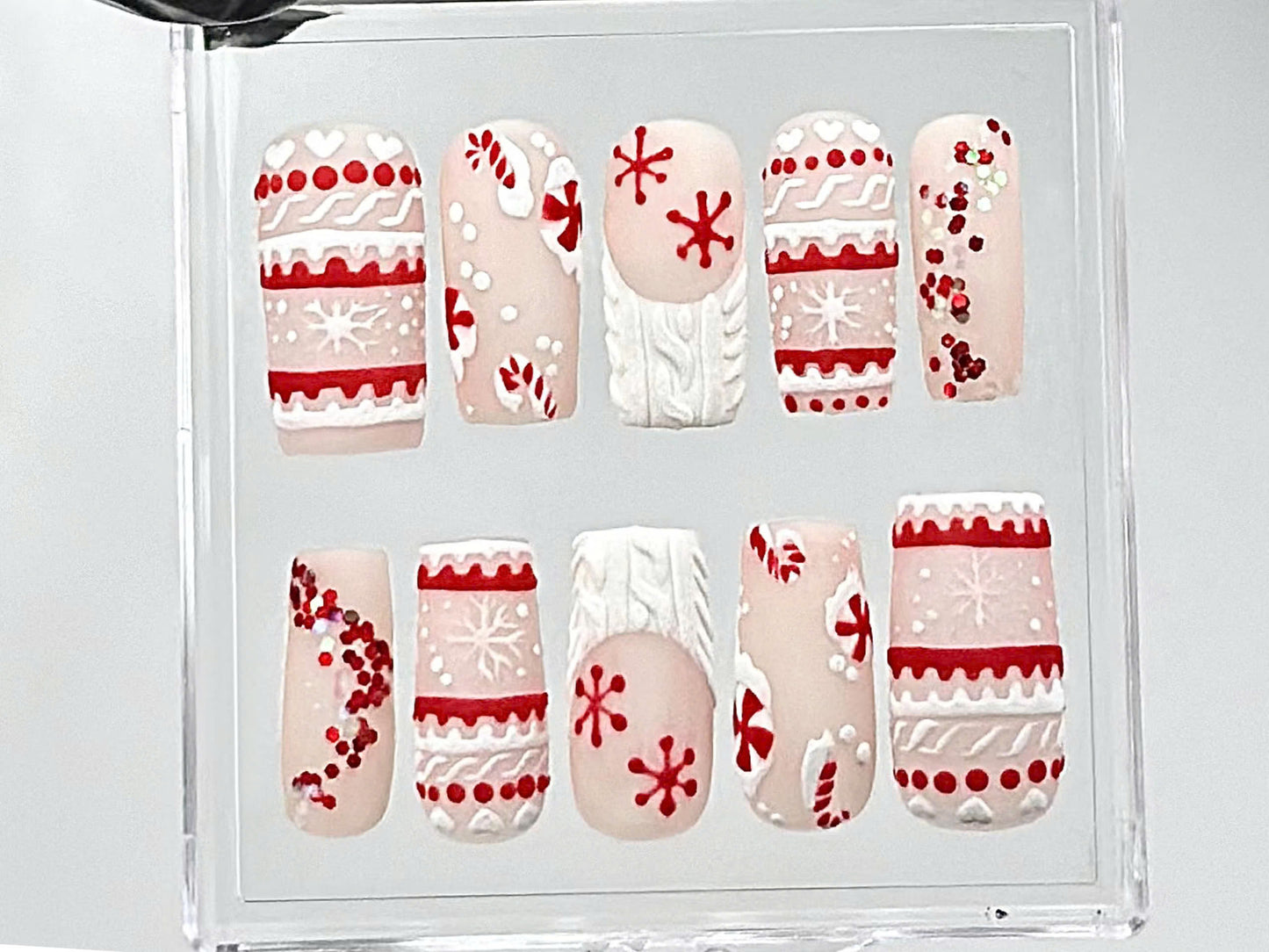 Matte Christmas Press On Nails | Handmade Winter Holiday Fake Nails | Candy Cane & Snowflake Nail Polish | Cozy Sweater Style Nails | HC669Y