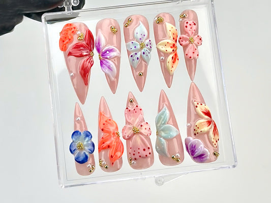 Luxury Flower Press On Nails | Elegant 3D Petal Designs Acrylic Nails | Rhinestones, Instant Glamour Press On | Bespoke 3D Nail Art |HB643YK