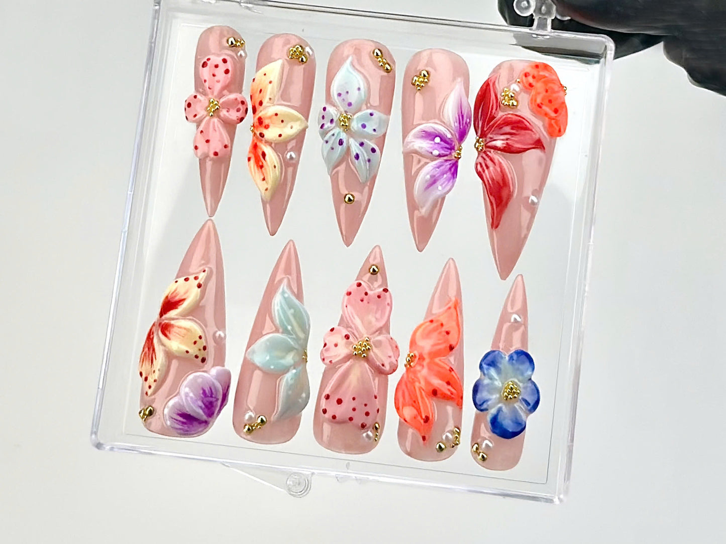 Luxury Flower Press On Nails | Elegant 3D Petal Designs Acrylic Nails | Rhinestones, Instant Glamour Press On | Bespoke 3D Nail Art |HB643YK