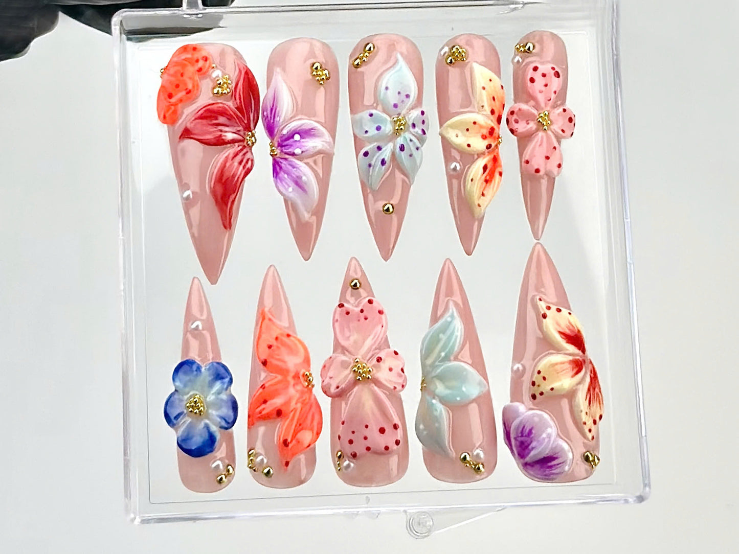 Luxury Flower Press On Nails | Elegant 3D Petal Designs Acrylic Nails | Rhinestones, Instant Glamour Press On | Bespoke 3D Nail Art |HB643YK