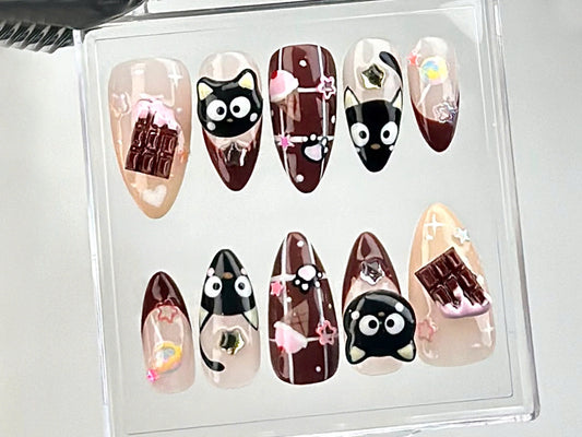 Cute Chocolate & Kitty Press On Nails | Adorable 3D Chocolate Cat Fake Nails | Sweet and Stylish Looks Nail Art | Cute Nails | HC673Y