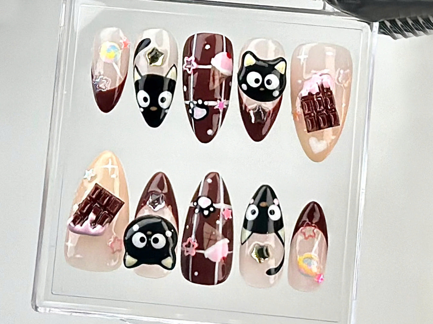 Cute Chocolate & Kitty Press On Nails | Adorable 3D Chocolate Cat Fake Nails | Sweet and Stylish Looks Nail Art | Cute Nails | HC673Y