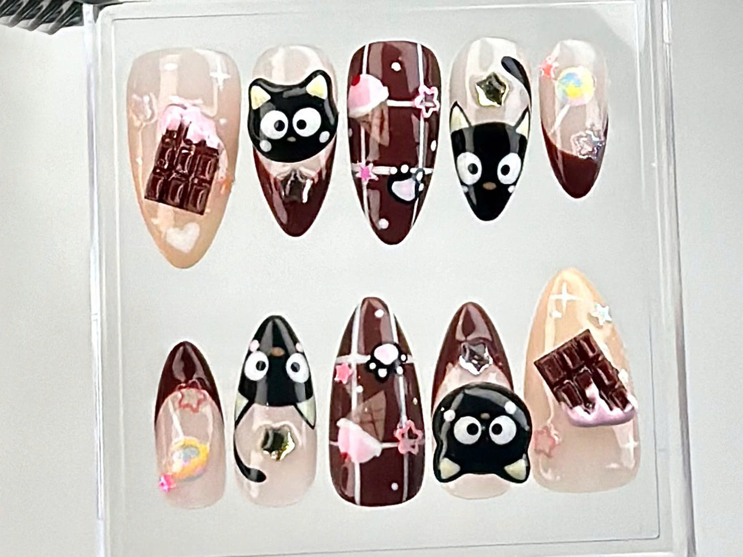 Cute Chocolate & Kitty Press On Nails | Adorable 3D Chocolate Cat Fake Nails | Sweet and Stylish Looks Nail Art | Cute Nails | HC673Y