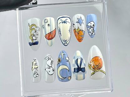 Snoopy Inspired Press On Nails | Artistic Snoopy and Moon Nail Art | Cartoon-Themed Fake Nails | Fun Cartoon Nail Polish | Cute Nails|HB676Y