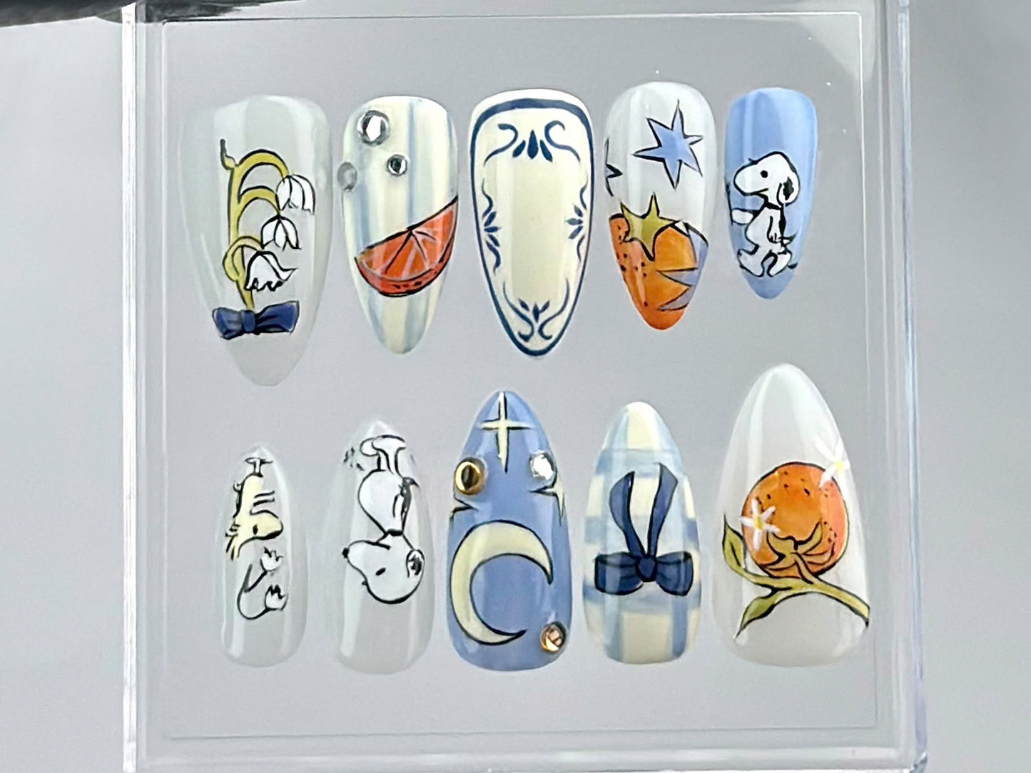 Snoopy Inspired Press On Nails | Artistic Snoopy and Moon Nail Art | Cartoon-Themed Fake Nails | Fun Cartoon Nail Polish | Cute Nails|HB676Y