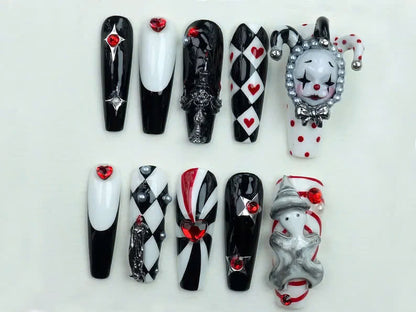 Harlequin Clown Press On Nails | Unique Gothic Clown Nail Art | Gothic Red and Black Nail Design | Perfect for Cosplay or Parties | JB646Y