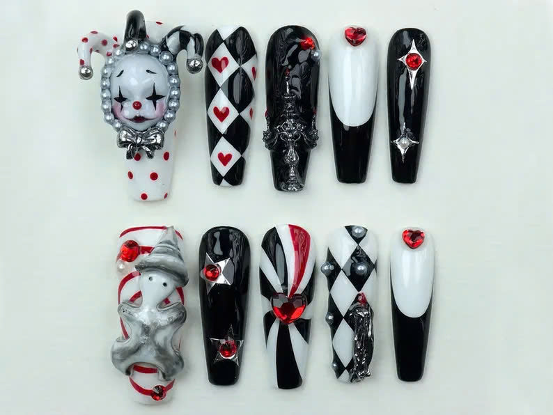 Harlequin Clown Press On Nails | Unique Gothic Clown Nail Art | Gothic Red and Black Nail Design | Perfect for Cosplay or Parties | JB646Y