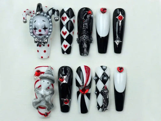 Harlequin Clown Press On Nails | Unique Gothic Clown Nail Art | Gothic Red and Black Nail Design | Perfect for Cosplay or Parties | JB646Y