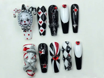 Harlequin Clown Press On Nails | Unique Gothic Clown Nail Art | Gothic Red and Black Nail Design | Perfect for Cosplay or Parties | JB646Y